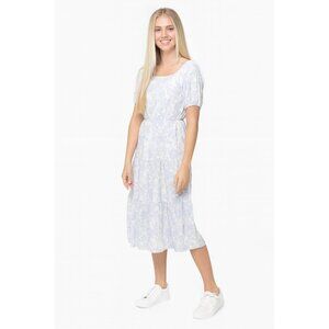 Parker & Rowe Medium Floral Tiered Midi Dress With Puff Sleeves Light Blue White